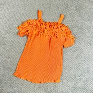 vintage y2k bright orange feather short slv off-shoulder ruffle tank kaelyn max